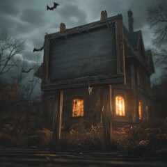 spooky wooden sign standing on the ground partially covered in cobwebs The sign is blank set in front of a haunted house with glowing windows and bats flying around The ground is littered with dried