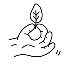 Hand drawn hand holding leaf doodle icon. Hand drawn black sketch. Sign symbol. Decoration element. White background. Isolated. Flat design. Vector cartoon illustration