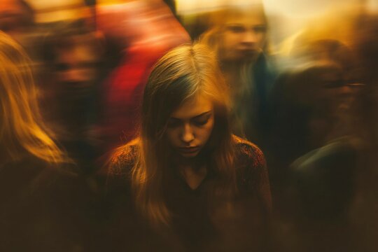 Teenage girl lost in the crowd, motion blur of conceptual image of a lonely girl for being fatherless and lonely