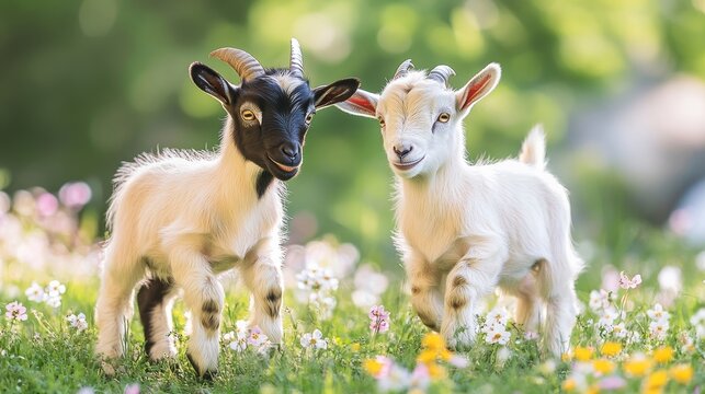 Two little funny baby goats playing in the field with flowers farm animals