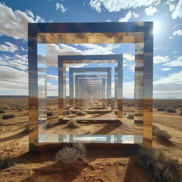 watch shape, anamorphosis art installation in the middle of the desert