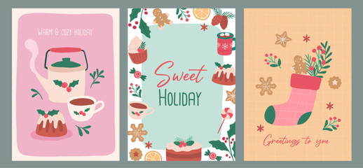 Collection of Winter Christmas sweets, tea and food portrait layout vector illustration