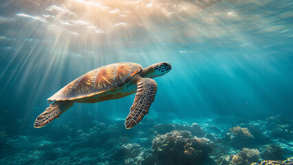 Obraz premium A turtle swimming gracefully under the sea. Documentary animal photography. 