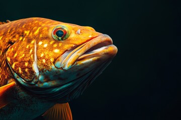 Mystic portrait of Yellowfin Grouper, copy space on right side, Close-up View, isolated on black background