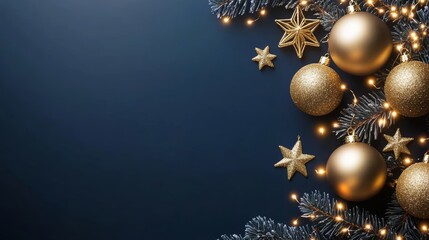 Luxury gold christmas decorations on dark blue background xmas greeting card template happy new year banner mockup