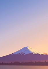 Fototapeta premium Panoramic evening view of mount Fuji. Landscape with a mountain peak in Japan. Famous landmark Wallpaper. Banner design with a natural landscape. Greeting card template. Sky, sun, water surface.
