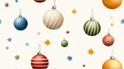 Colorful Christmas baubles with pastel stripes and solid colors hang against light background, creating festive and cheerful atmosphere perfect for holiday season
