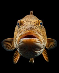 Obraz premium the Dusky Grouper, portrait view, white copy space on right, Isolated on black Background