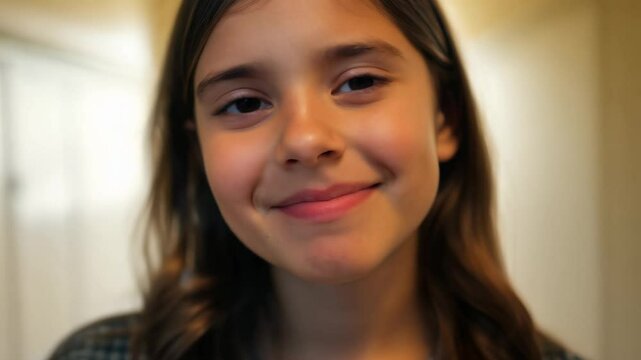 Close-up of a teenage girl with braces, expressing embarrassment then pride, filmed with static camera movement and natural window light in a soft focus school hallway