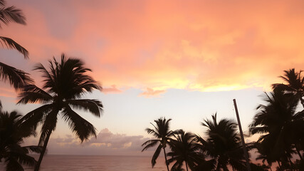 Obraz premium A tropical sunset sky with orange and pink hues reflecting off the ocean, with palm trees silhouetted in the foreground swaying gently in the breeze 