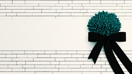 A teal flower with a black ribbon against a white brick wall.