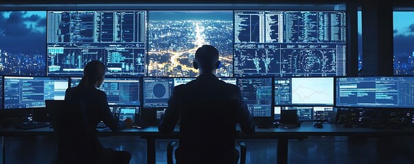 Network operations center activity depicted with professionals at high-resolution workstations.