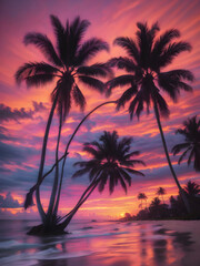 A tropical sunset sky with orange and pink hues reflecting off the ocean, with palm trees silhouetted in the foreground swaying gently in the breeze
