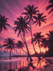 Obraz premium A tropical sunset sky with orange and pink hues reflecting off the ocean, with palm trees silhouetted in the foreground swaying gently in the breeze 