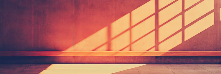 Obraz premium Sunlight streams through a window, casting a geometric pattern on a red wall, illuminating a wooden bench.