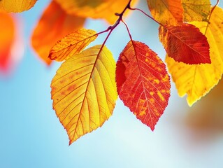 Obraz premium Autumn leaves in vibrant colors against a clear sky