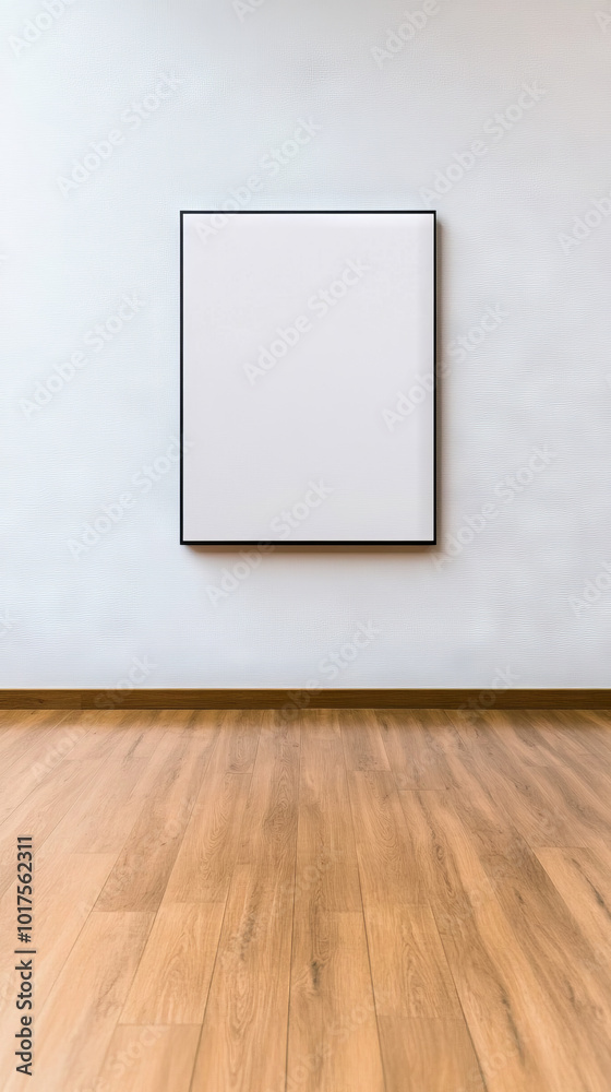 Poster A blank canvas in a black frame hangs on a white wall above a wooden floor.