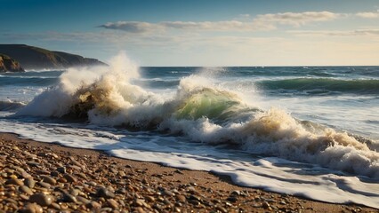 Waves Crash on a Rocky Beach at Sunset, Capturing the Beauty of Nature&rsquo;s Power in Serene Coastal Surroundings