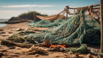 Old Fishing Nets Left on the Sandy Shore During Sunset Near a Calm Coastal Area