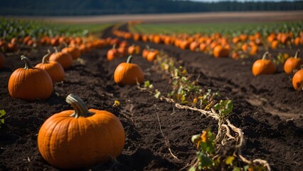 Vibrant Pumpkins Growing in a Sunny Pumpkin Patch During the Harvest Season