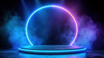 Futuristic Neon Circle Stage with Smoke and Blue Light for Product Display
