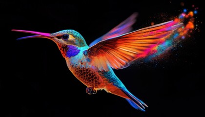 Naklejka premium a vibrant, colorful hummingbird in flight against a black background. The bird's wings and body are rendered in striking neon colors--bright oranges, pinks, and blues--creating a dynamic