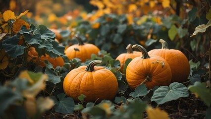 Vibrant Orange Pumpkins Growing Amidst Lush Green Vines in an Autumn Garden