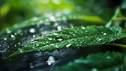 Fresh Raindrops Glisten on Lush Green Leaves in a Serene Forest Setting During a Tranquil Morning