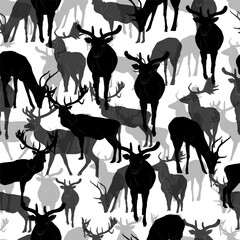 seamless pattern of black silhouettes of deer on a white background