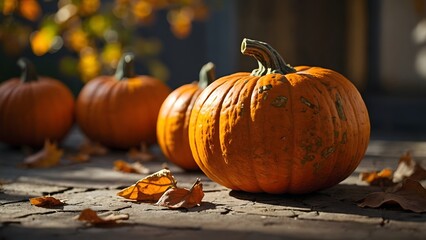 Autumn Pumpkins Scattered on a Cobblestone Pathway Surrounded by Fallen Leaves During Golden Hour