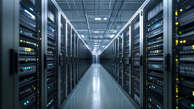 Shot of a working data center with rows of rack servers