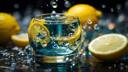 Refreshing Beverage With Lemon Slices and Bubbles Captured on a Dark Surface With Splashes of Water