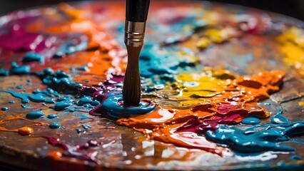 Colorful Paint Palette With Brushes in Vibrant Hues at an Artist’s Studio During the Afternoon