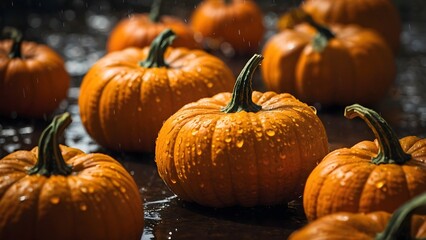 Ripe Pumpkins Glisten With Water Droplets in a Fall Harvest Scene on a Rainy Day