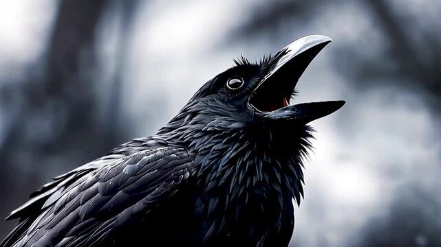 嘴を開けて威嚇するカラス