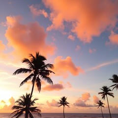 A tropical sunset sky with orange and pink hues reflecting off the ocean, with palm trees silhouetted in the foreground swaying gently in the breeze
