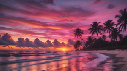 A tropical sunset sky with orange and pink hues reflecting off the ocean, with palm trees silhouetted in the foreground swaying gently in the breeze
