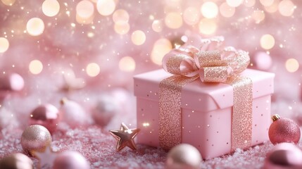 Fototapeta premium Single pink Christmas box, soft pastel background, decorated with gold ornaments and stars, gentle glow, minimal and elegant illustration.