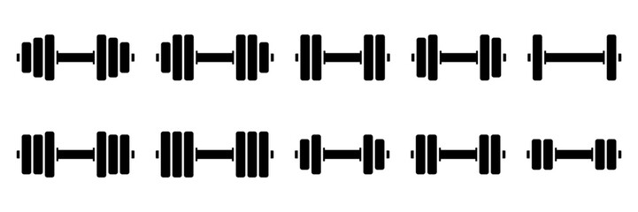 Dumbbell and barbell black line icons set. Dumbbell weight vector. Gym dumbbell icon collection. Barbell and dumbbell silhouettes. Vector Illustration.