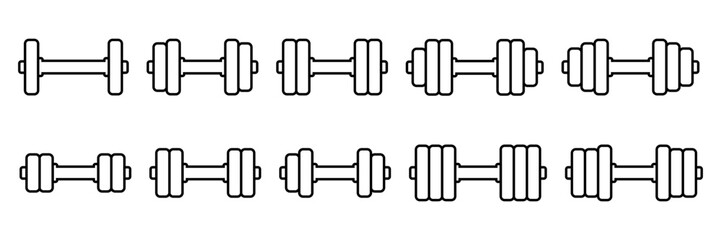 Dumbbell and barbell black line icons set. Dumbbell weight vector. Gym dumbbell icon collection. Barbell and dumbbell silhouettes. Vector Illustration.