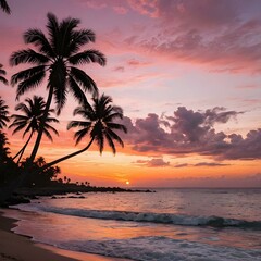 A tropical sunset sky with orange and pink hues reflecting off the ocean, with palm trees silhouetted in the foreground swaying gently in the breeze
