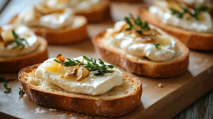 gourmet crostini with creamy brie and camembert cheeses appetizer or starter. AI image
