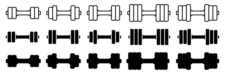 Dumbbell and barbell black line icons set. Dumbbell weight vector. Gym dumbbell icon collection. Barbell and dumbbell silhouettes. Vector Illustration.