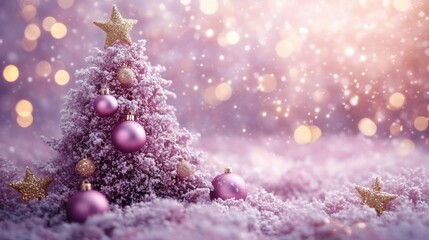 Fototapeta premium Stylized pink Christmas tree, soft lavender background, gold baubles and stars, soft light highlights, modern and festive composition.