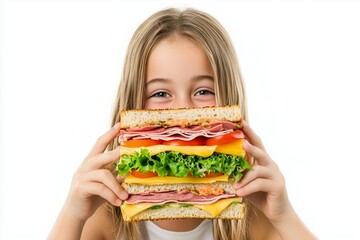 Smiling child holding giant sandwich with colorful ingredients on a white background. National Sandwich Day