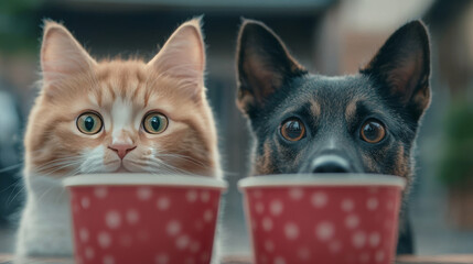 A curious cat and dog peek over the edge of their red cups, their big eyes looking expectantly.