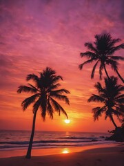 A tropical sunset sky with orange and pink hues reflecting off the ocean, with palm trees silhouetted in the foreground swaying gently in the breeze
