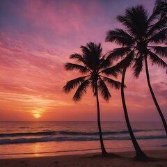 Obraz premium A tropical sunset sky with orange and pink hues reflecting off the ocean, with palm trees silhouetted in the foreground swaying gently in the breeze 