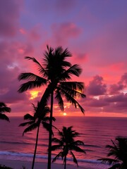 A tropical sunset sky with orange and pink hues reflecting off the ocean, with palm trees silhouetted in the foreground swaying gently in the breeze
