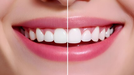 Smile transformation over 18 months of braces, showing a side-by-side comparison of uneven teeth before and straightened teeth after, Realistic, Clean White Background